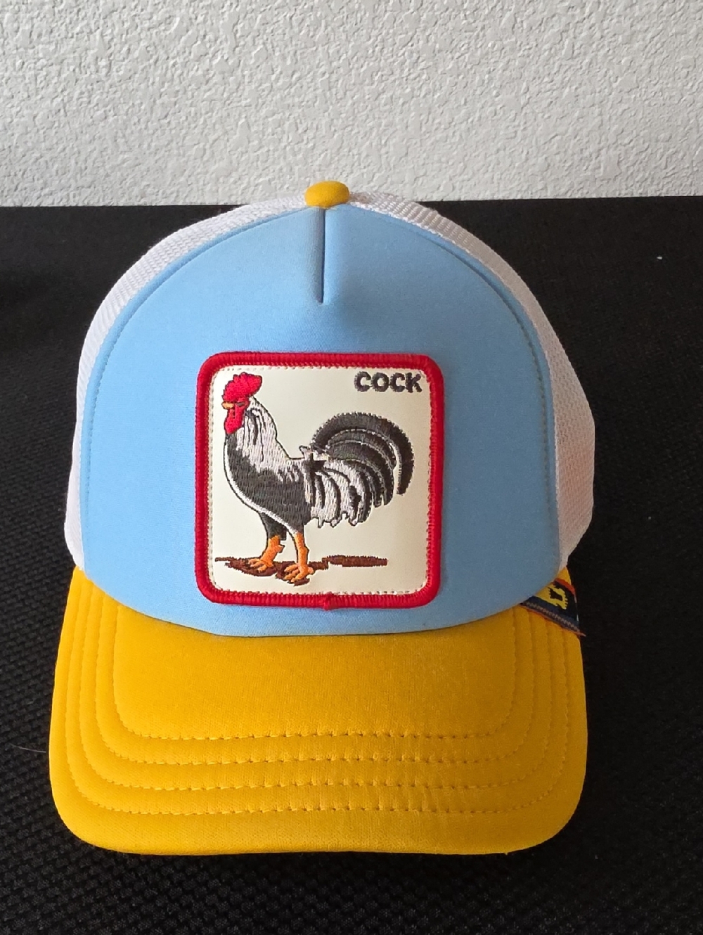 Blue and Yellow Trucker Cap with Rooster Patch